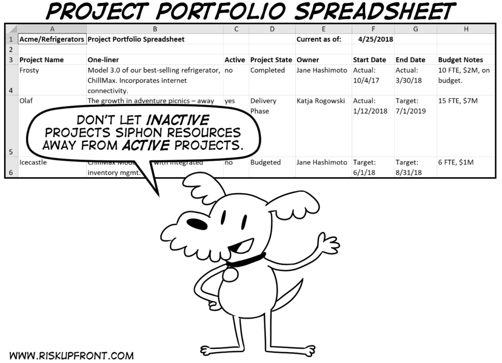 The RUF project portfolio spreadsheet excerpt from the Risk Upfront Best Selling Book.