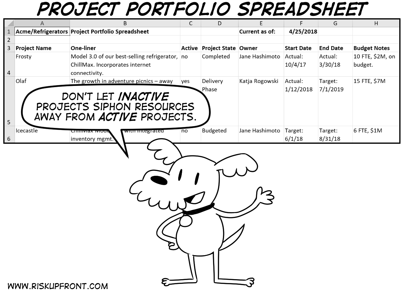 The RUF project portfolio spreadsheet excerpt from the Risk Upfront Best Selling Book.